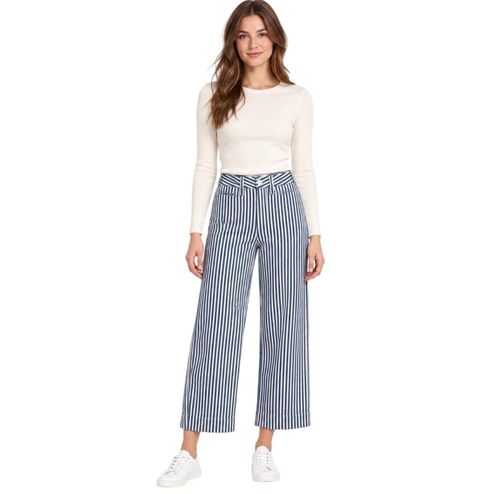 Madwell Emmett Wide-Leg Crop Pants Indigo Stripe High Rise Size 26 Blue White